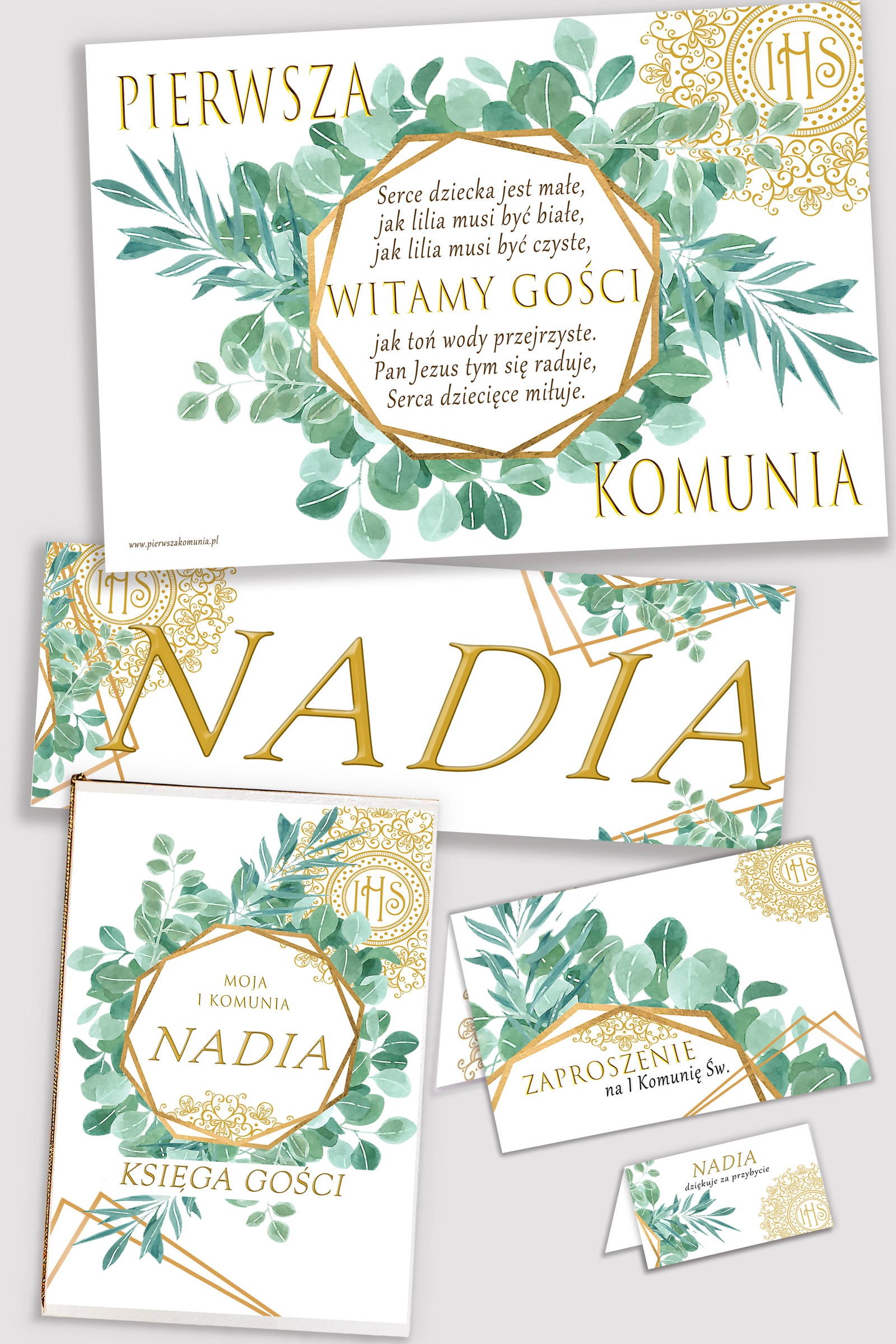Personalizowany dekoracyjny zestaw komunijny - Finezyjny Eukaliptus - obraz 0