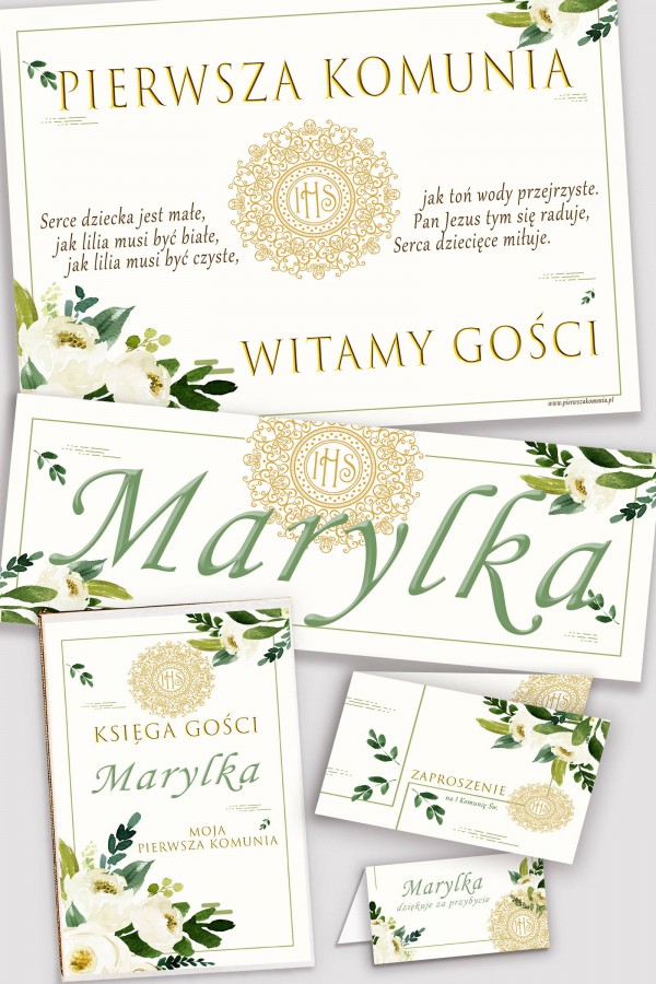 Personalizowany dekoracyjny zestaw komunijny - Biały bukiecik