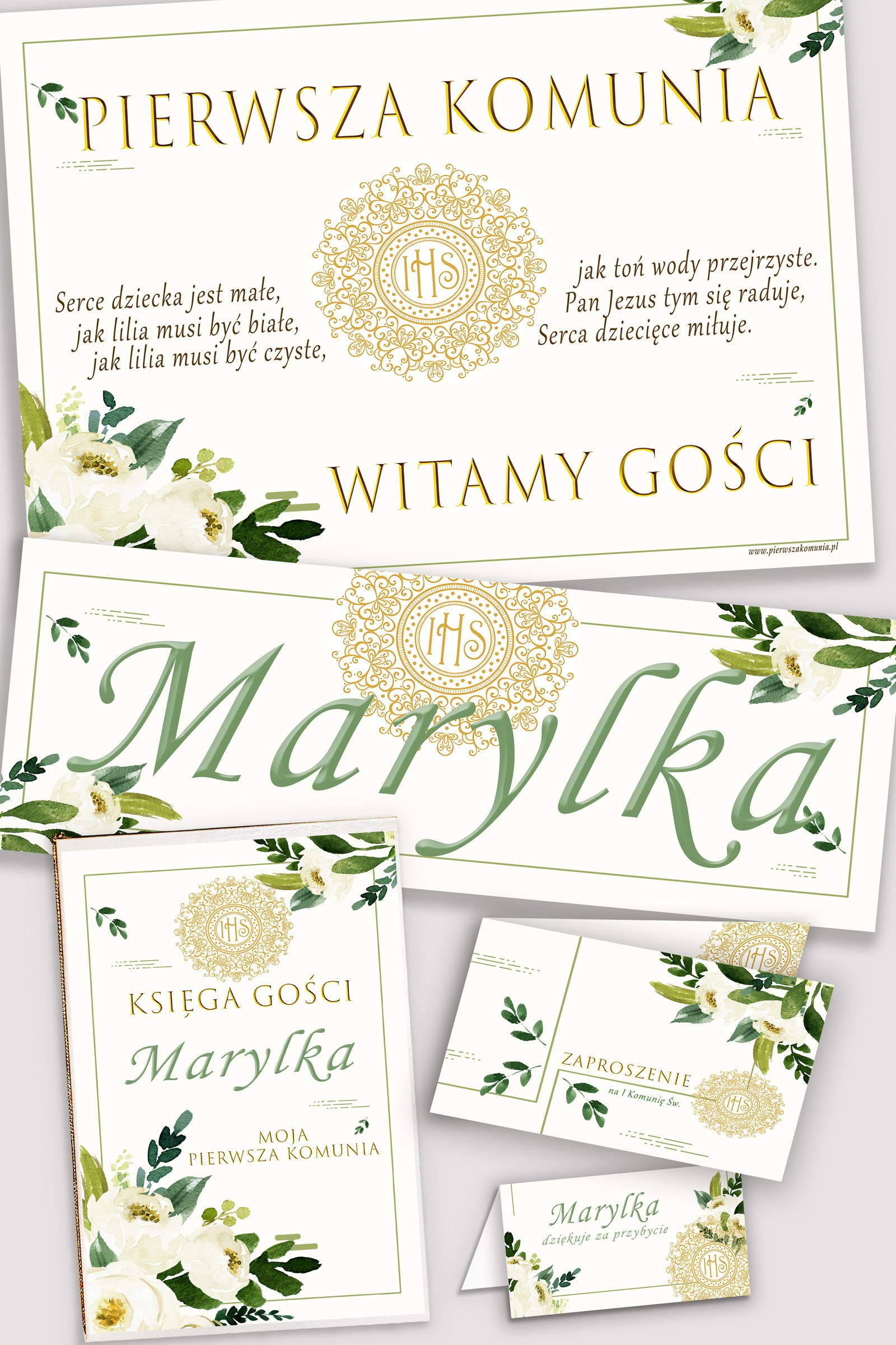 Personalizowany dekoracyjny zestaw komunijny - Biały bukiecik - obraz 0