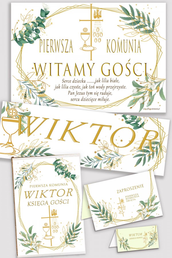 Personalizowany dekoracyjny zestaw komunijny - Złoto i gałązki