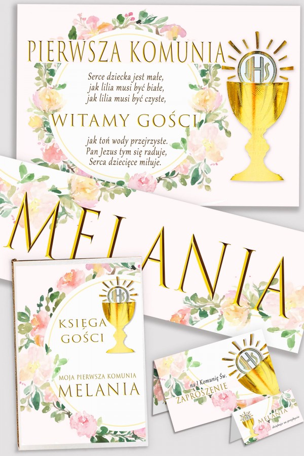 Personalizowany dekoracyjny zestaw komunijny - Akwarelka różowa