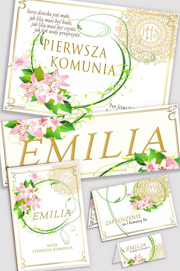 Personalizowany dekoracyjny zestaw komunijny - Delikatność lilii