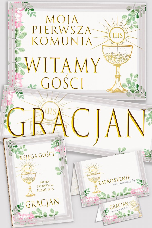 Personalizowany dekoracyjny zestaw komunijny - Fiołki akwarelka