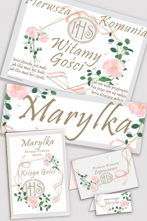 Personalizowany dekoracyjny zestaw komunijny - Różowa wstążeczka