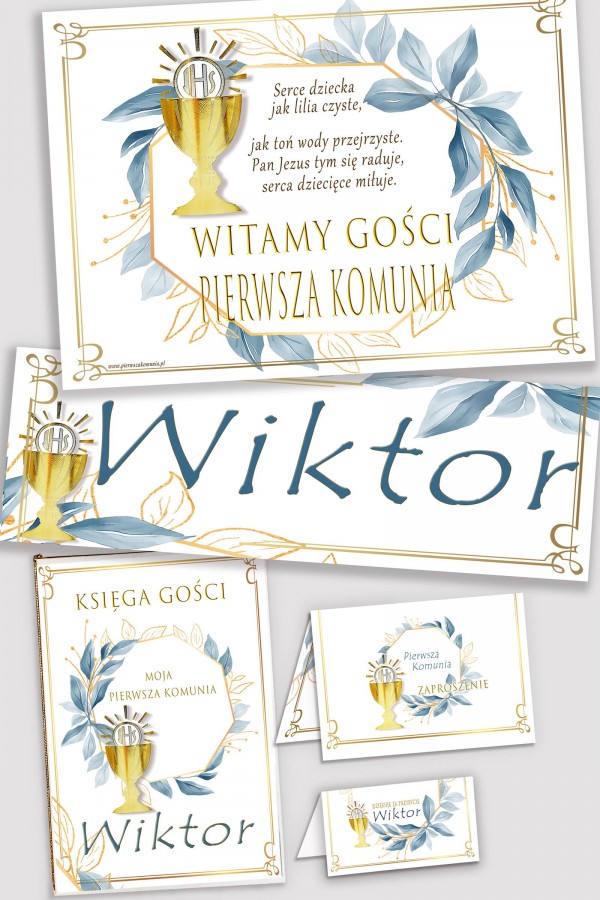 Personalizowany dekoracyjny zestaw komunijny - Złoto z nutką granatu