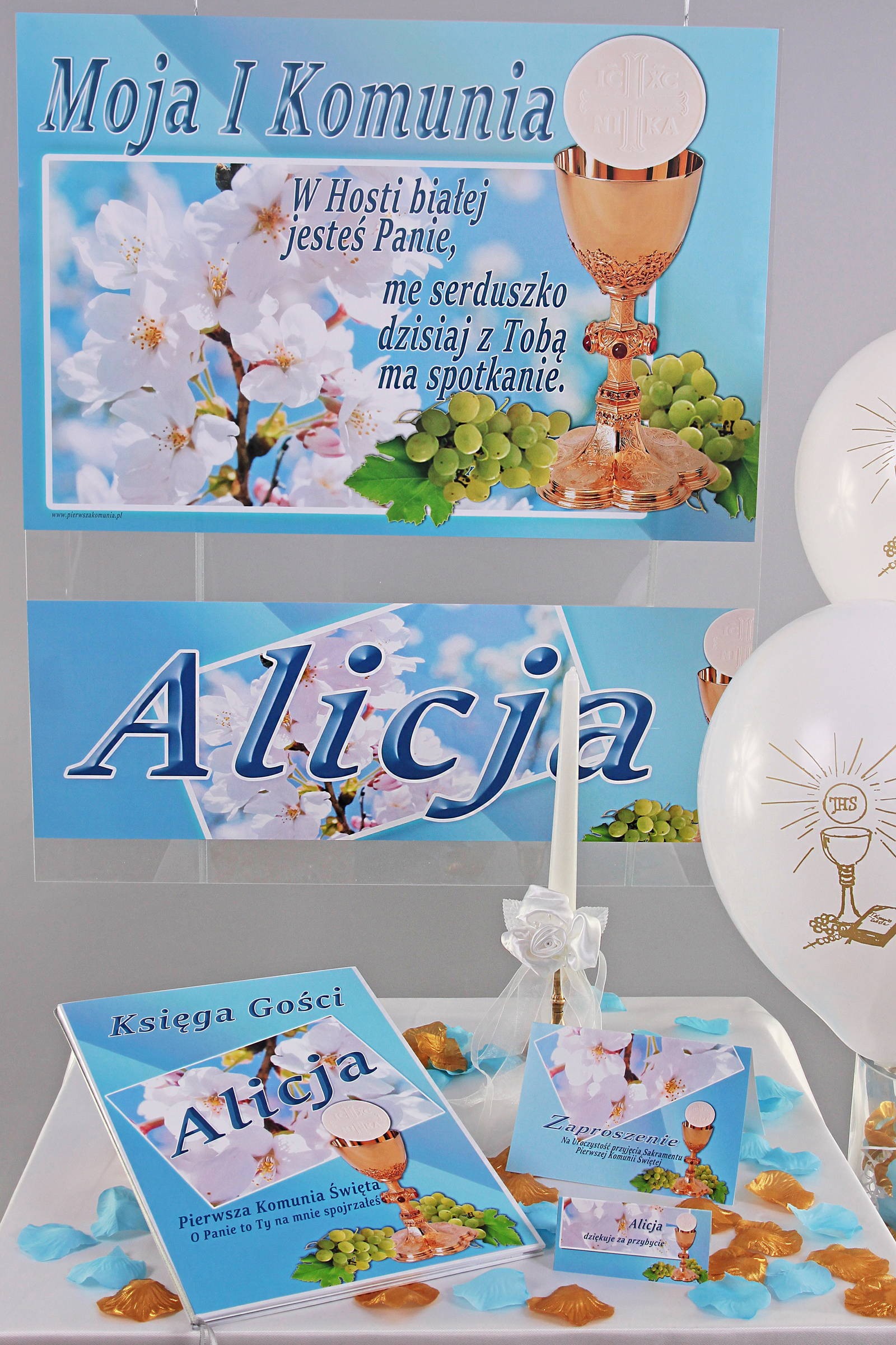 Personalizowany dekoracyjny zestaw komunijny - Turkusowa jabłoń - obraz 0