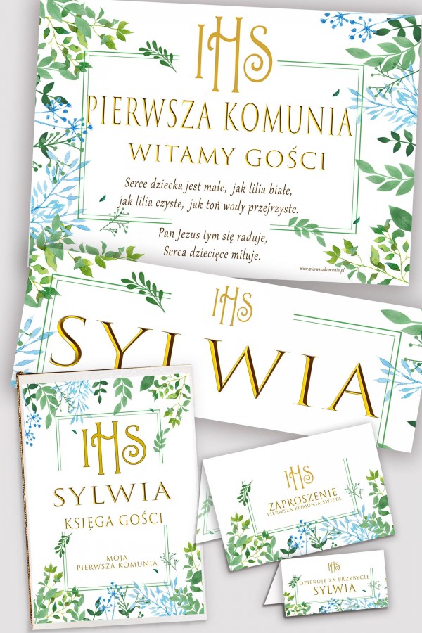 Personalizowany dekoracyjny zestaw komunijny - Wiosenne listki
