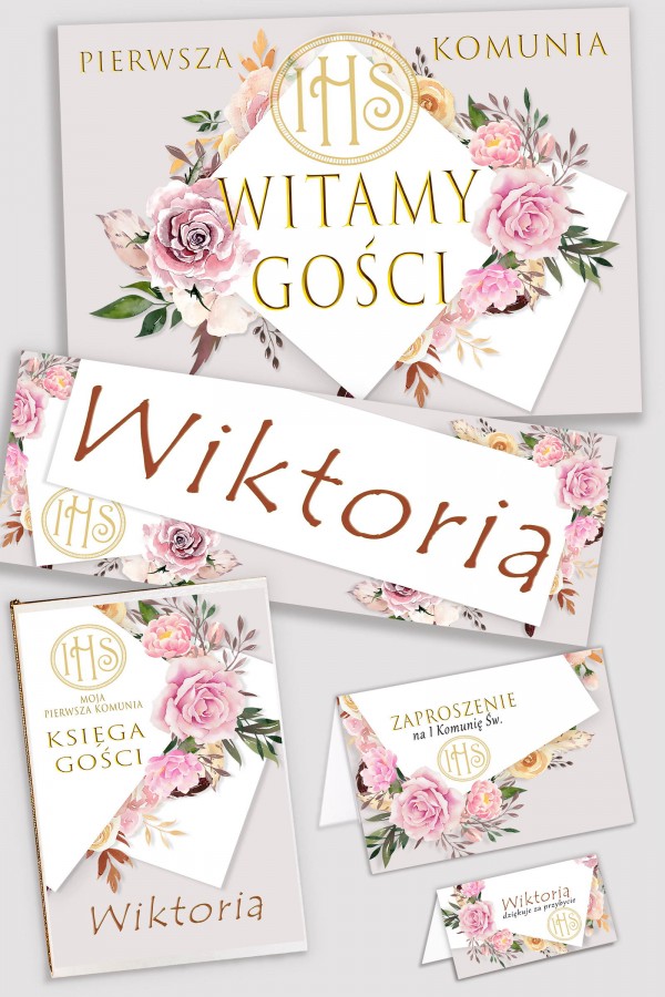 Personalizowany dekoracyjny zestaw komunijny - Piwonia i róża