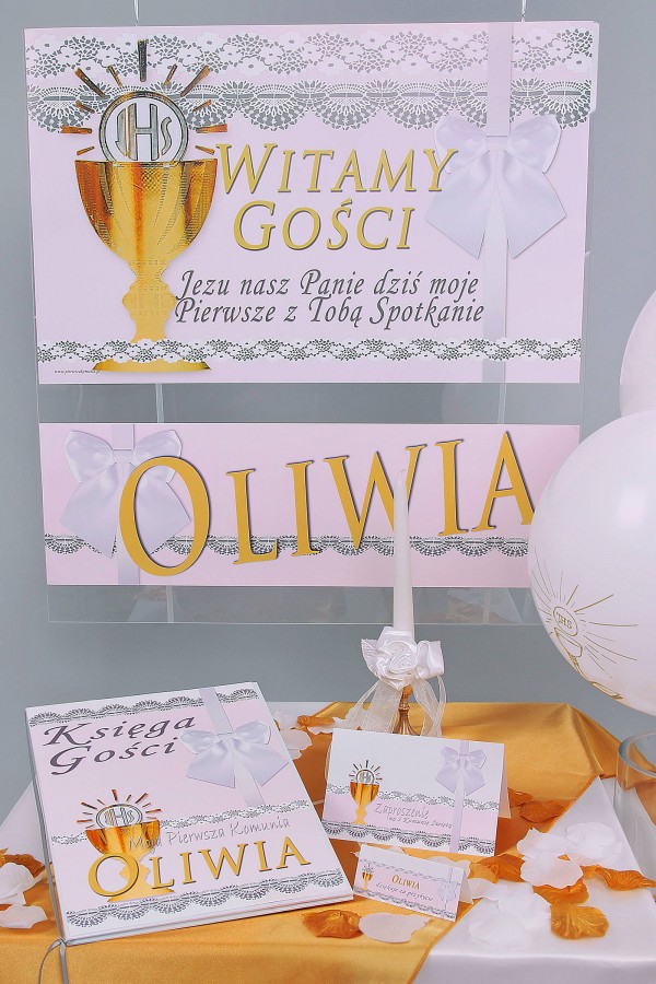 Personalizowany dekoracyjny zestaw komunijny - Koronka biała
