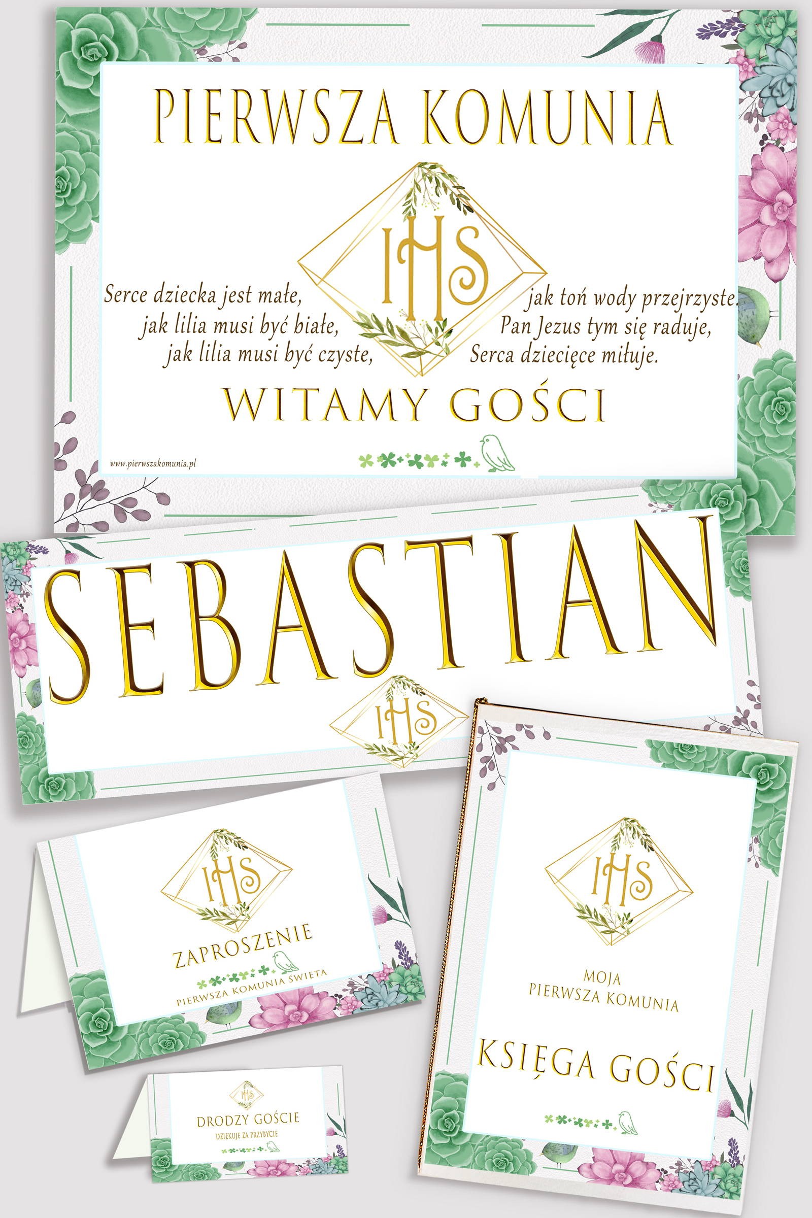 Personalizowany dekoracyjny zestaw komunijny - Diamencik z eukaliptusem - obraz 0