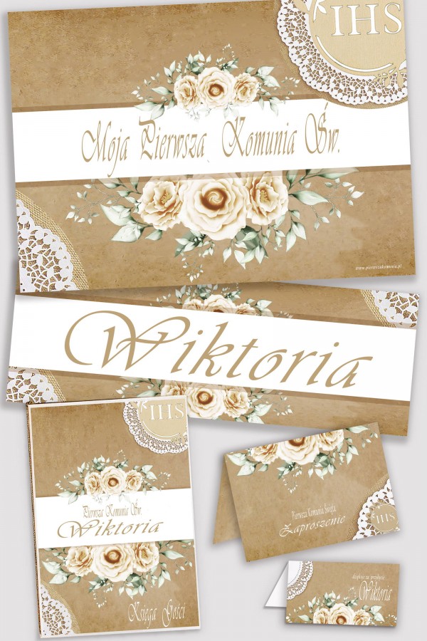 Personalizowany dekoracyjny zestaw komunijny - Pergaminowy beż