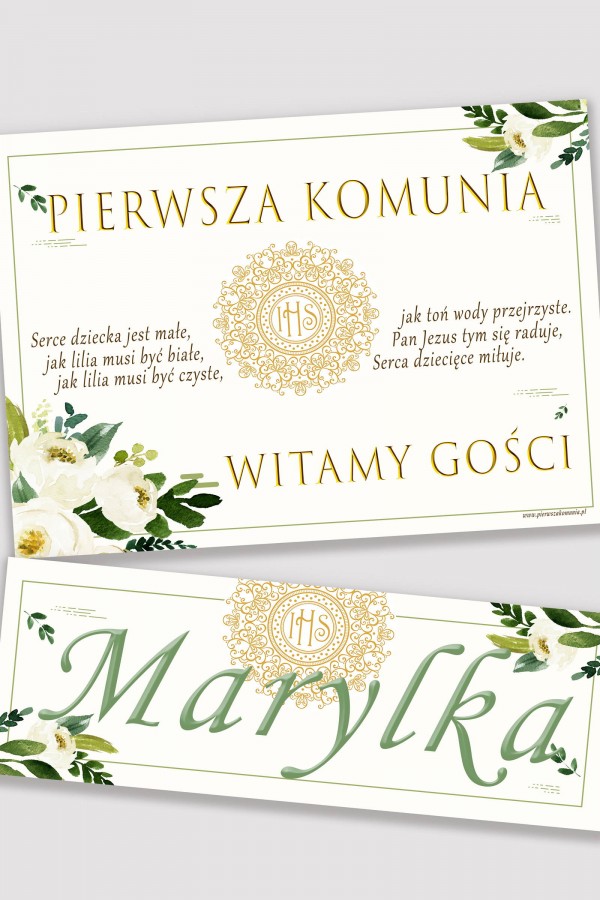 Personalizowany plakat komunijny z imieniem - Biały bukiecik