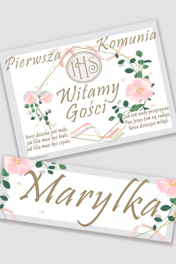 Personalizowany plakat komunijny z imieniem - Różowa wstążeczka