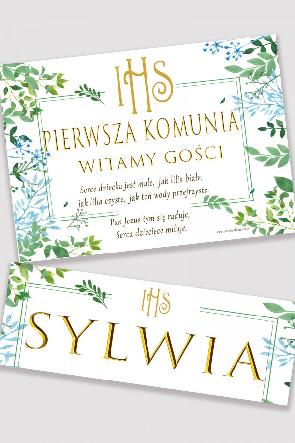 Personalizowany plakat komunijny z imieniem - Wiosenne listki