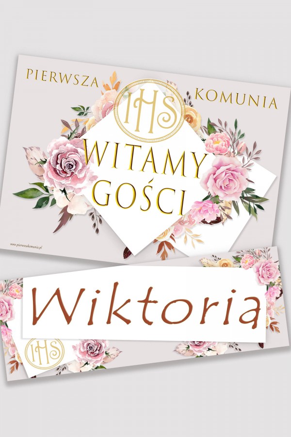 Personalizowany plakat komunijny z imieniem - Piwonia i róża