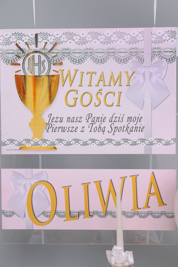 Personalizowany plakat komunijny z imieniem - Koronka biała