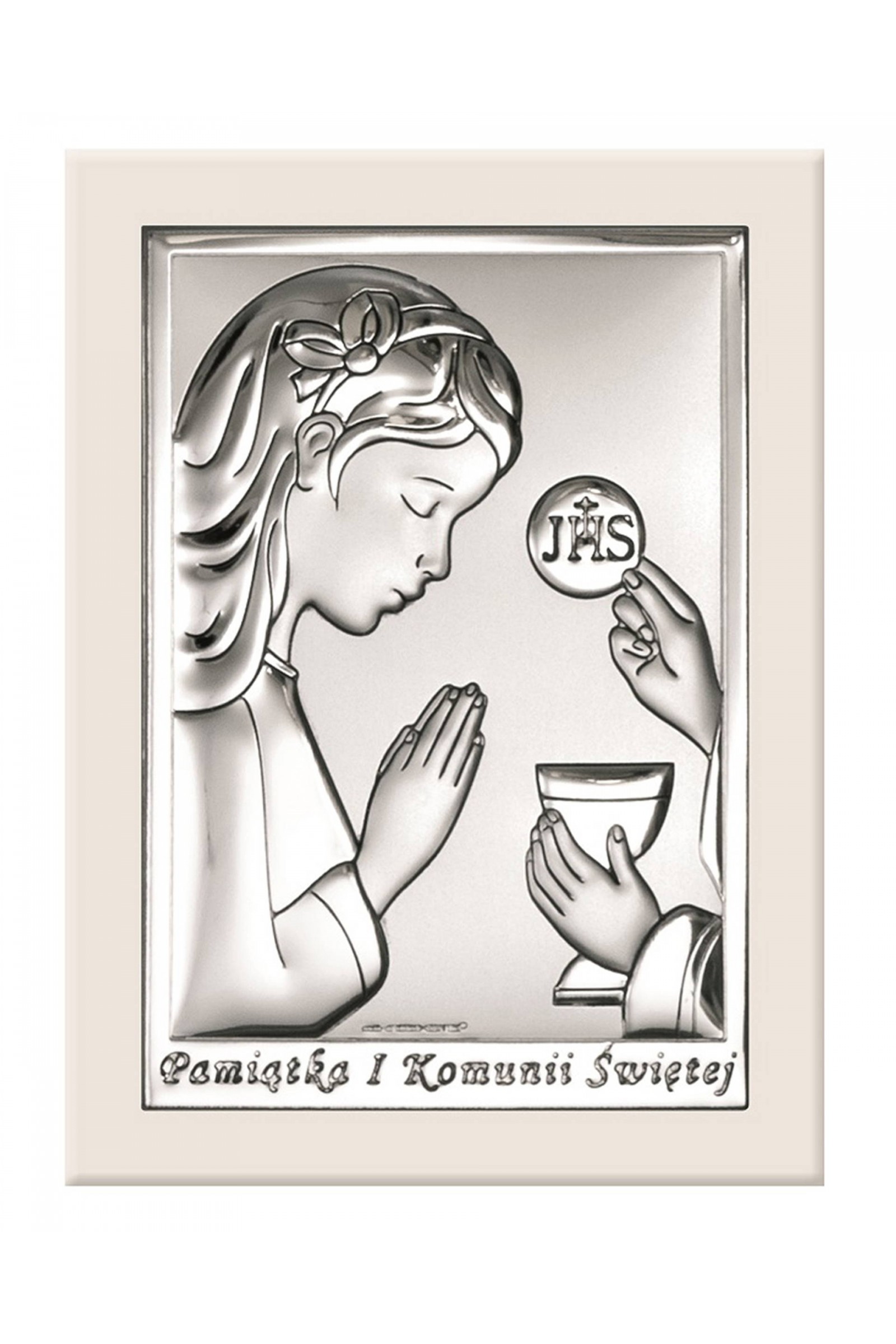 Obrazek na pamiątkę I Komunii Św. z dziewczynką na białym drewienku - obraz 0