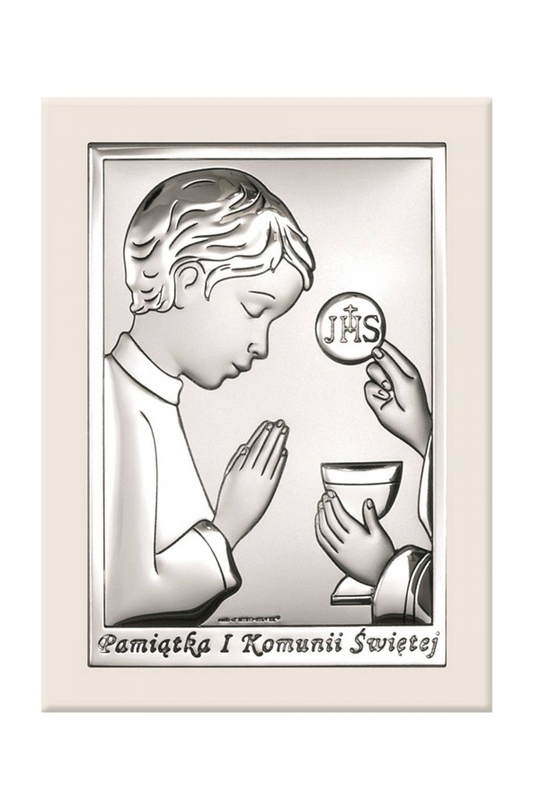 Obrazek na pamiątkę I Komunii Św. z chłopczykiem na białym drewienku