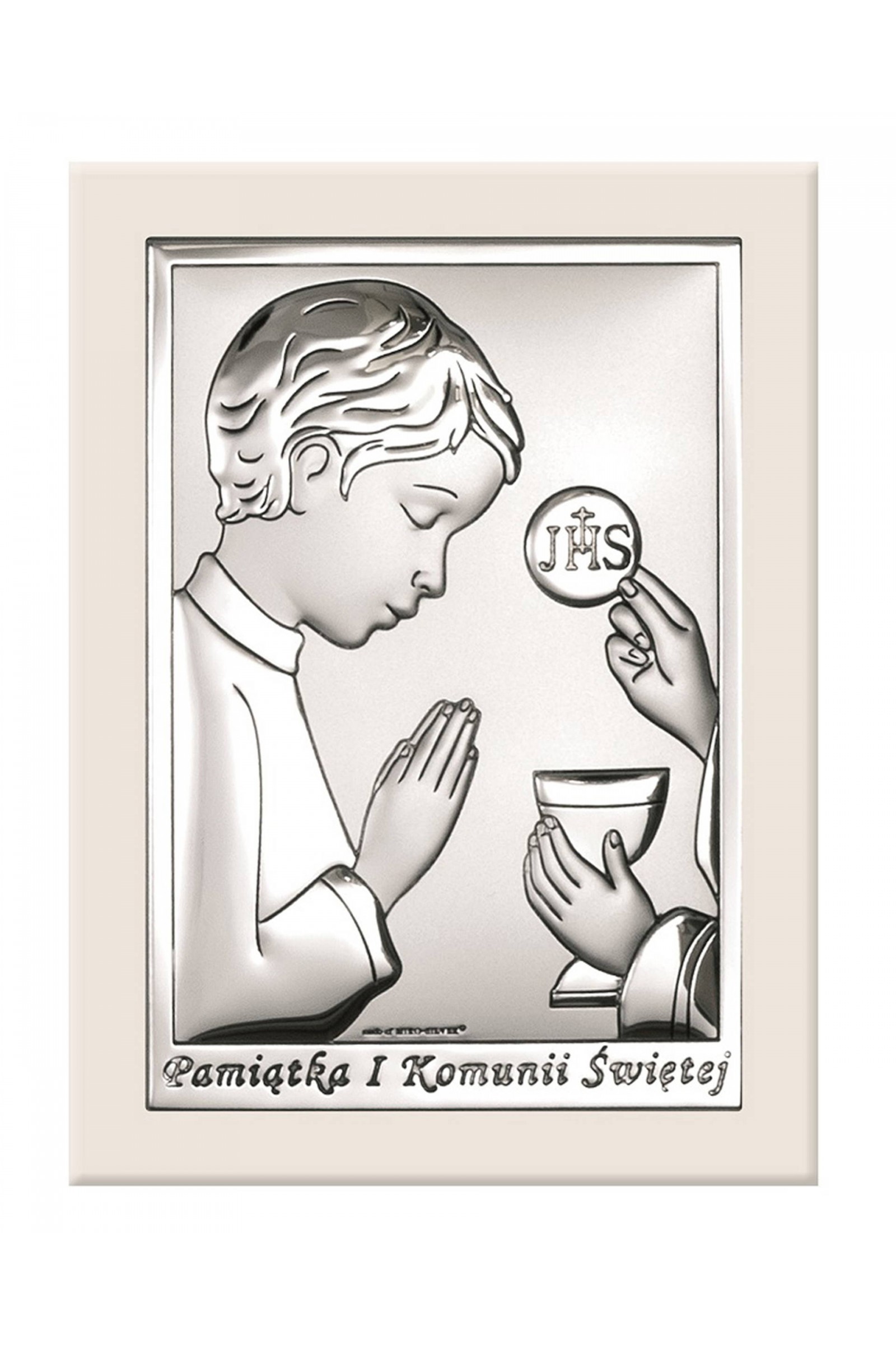 Obrazek na pamiątkę I Komunii Św. z chłopczykiem na białym drewienku - obraz 0