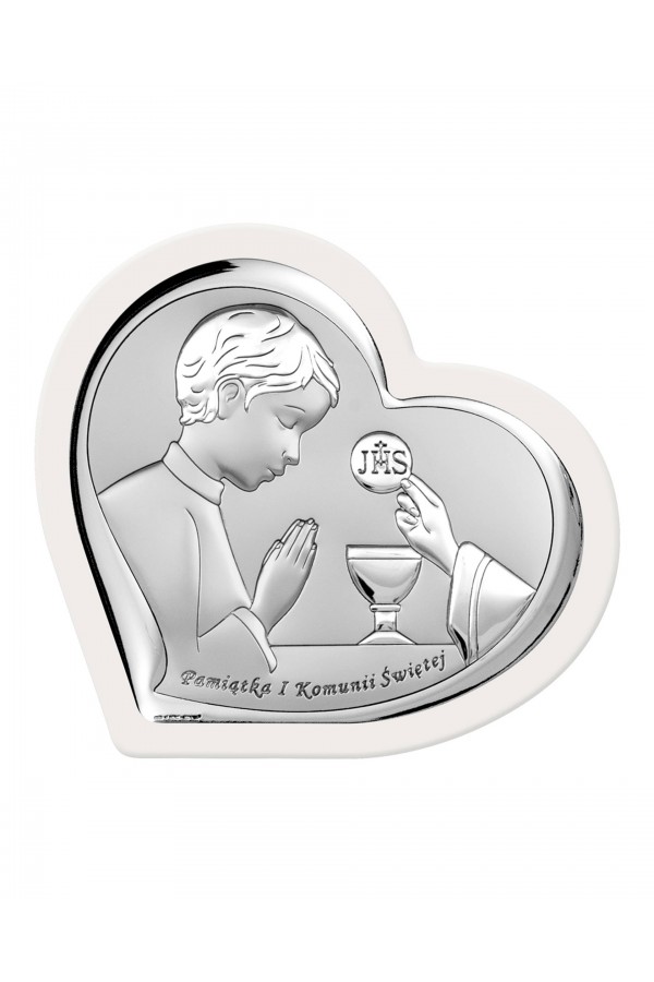 Obrazek na pamiątkę I Komunii Św. z chłopczykiem w "sercu" na białym drewnie