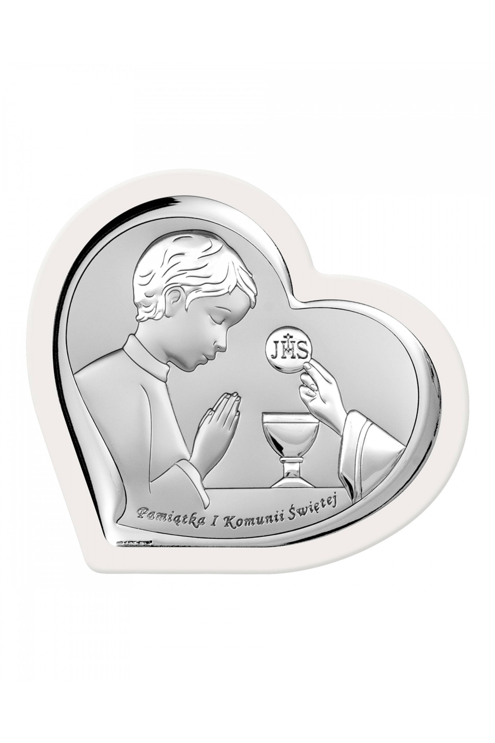 Obrazek na pamiątkę I Komunii Św. z chłopczykiem w "sercu" na białym drewnie - obraz 0