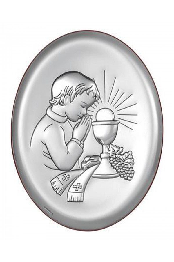 Obrazek na pamiątkę I Komunii Św. z chłopczykiem, owalny