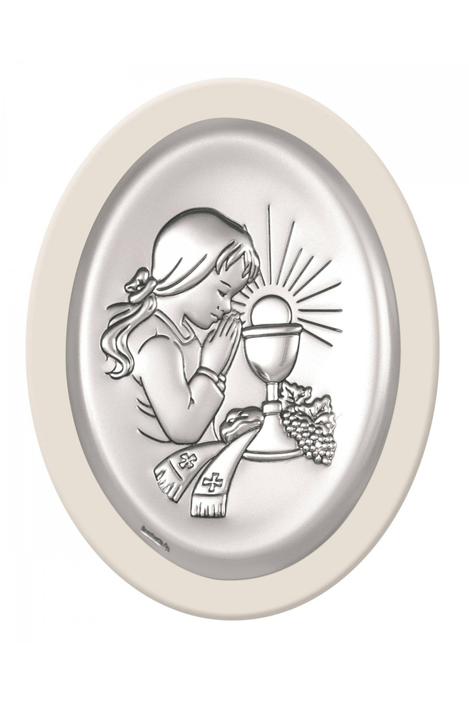 Obrazek na pamiątkę I Komunii Św. z dziewczynką na białym drewienku - obraz 0