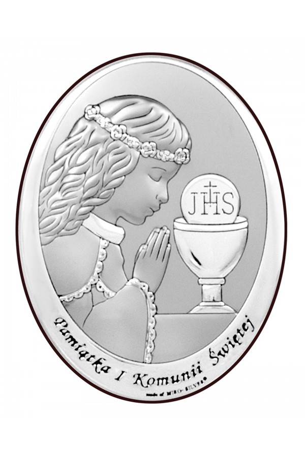 Obrazek na pamiątkę I Komunii Św. z dziewczynką z podpisem, owalny