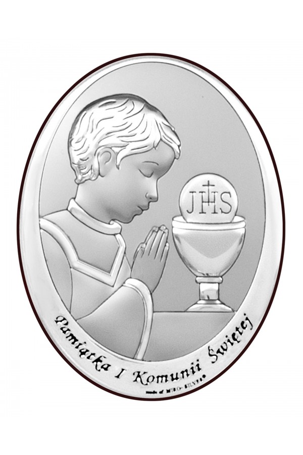 Obrazek na pamiątkę I Komunii Św. z chłopczykiem z podpisem, owalny