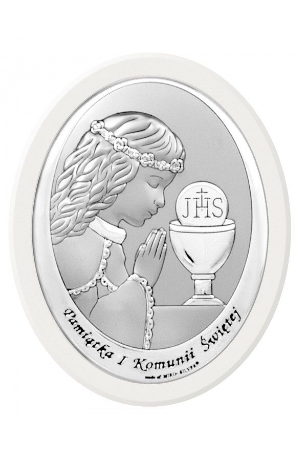 Obrazek na pamiątkę I Komunii Św. z dziewczynką z podpisem, owalny