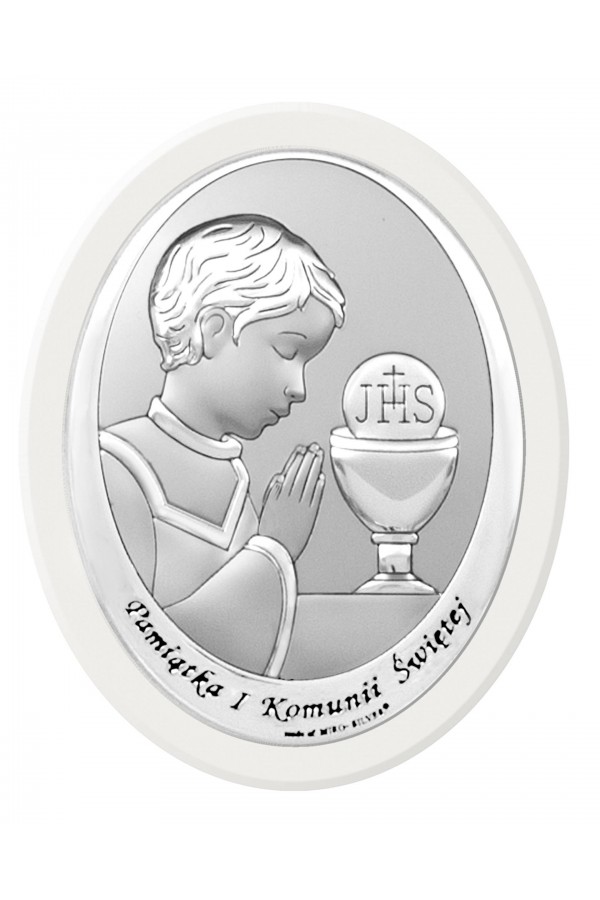 Obrazek na pamiątkę I Komunii Św. z chłopczykiem z podpisem, owalny