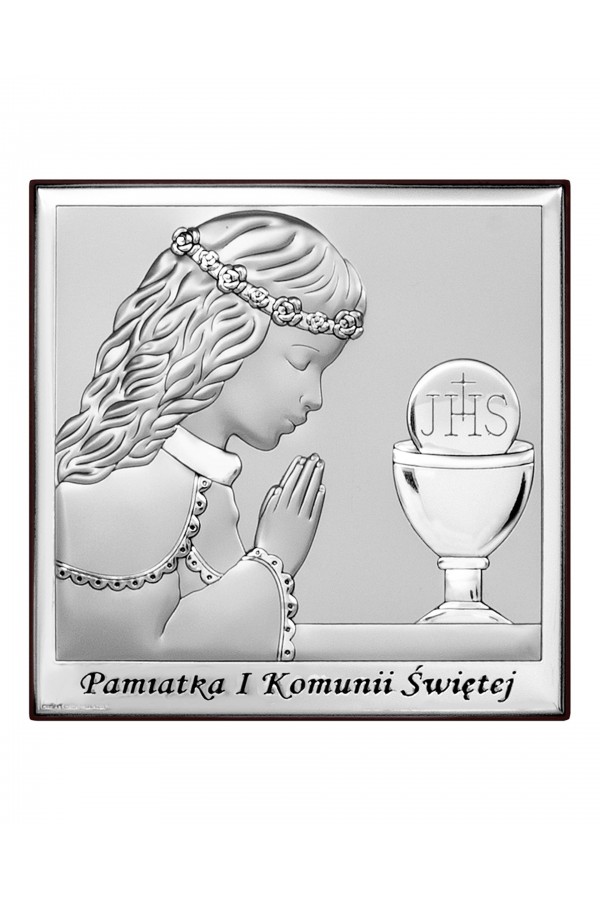 Obrazek na pamiątkę I Komunii Św. Z dziewczynką z podpisem, kwadratowy