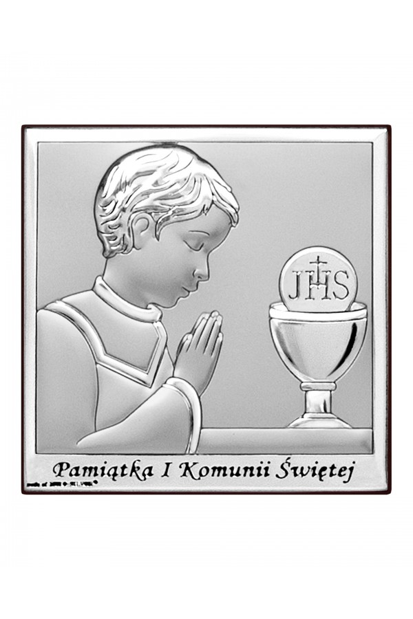 Obrazek na pamiątkę I Komunii Św. z chłopczykiem z podpisem, kwadratowy