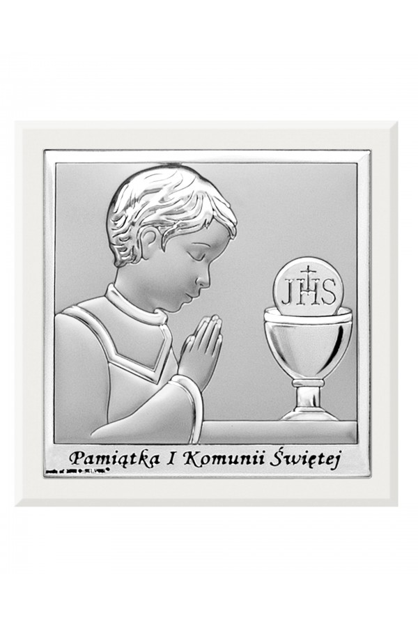 Obrazek na pamiątkę I Komunii Św. z chłopczykiem z podpisem, kwadratowy