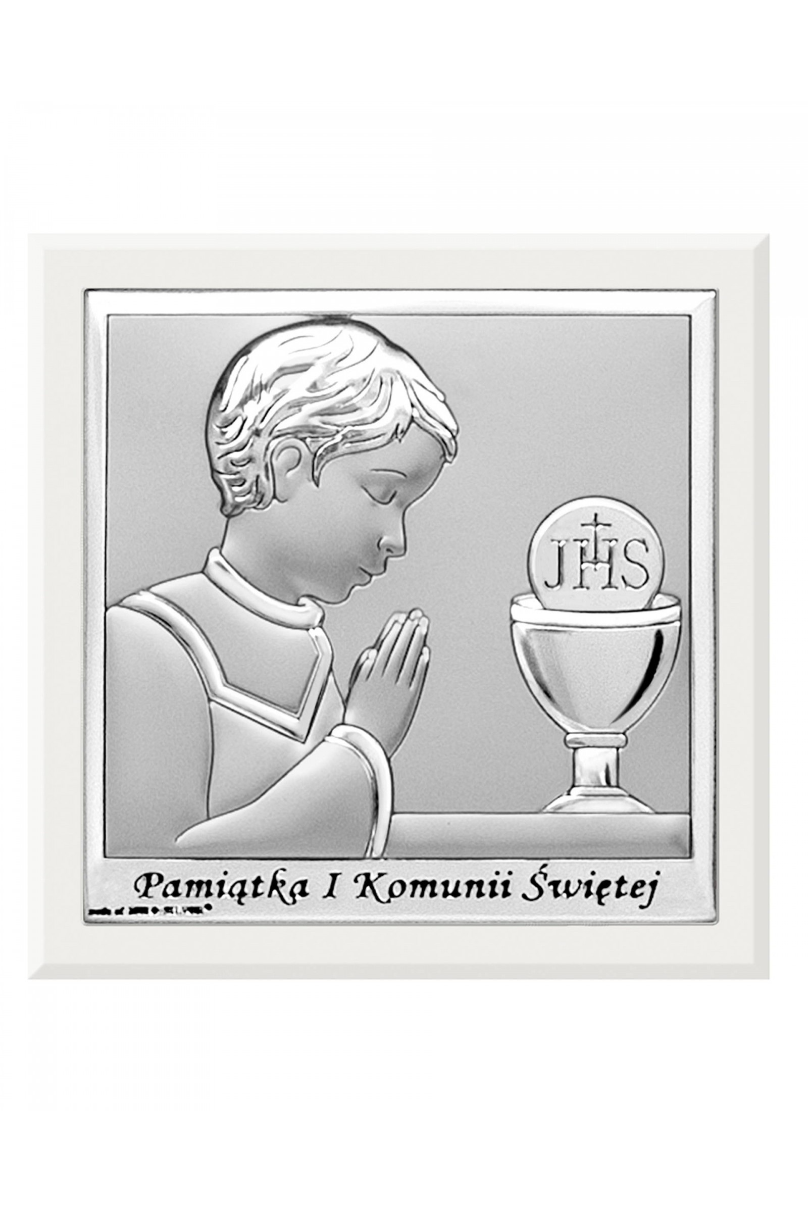 Obrazek na pamiątkę I Komunii Św. z chłopczykiem z podpisem, kwadratowy - obraz 0