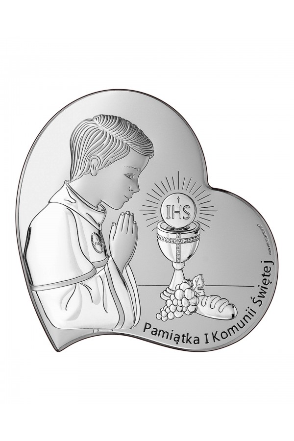 Obrazek na pamiątkę I Komunii Św. z chłopczykiem w 'sercu'