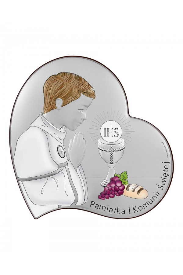 Obrazek na pamiątkę I Komunii Św. z chłopczykiem w 'sercu', kolorowy