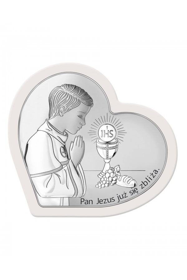 Obrazek na pamiątkę I Komunii Św. z chłopczykiem w 'sercu'