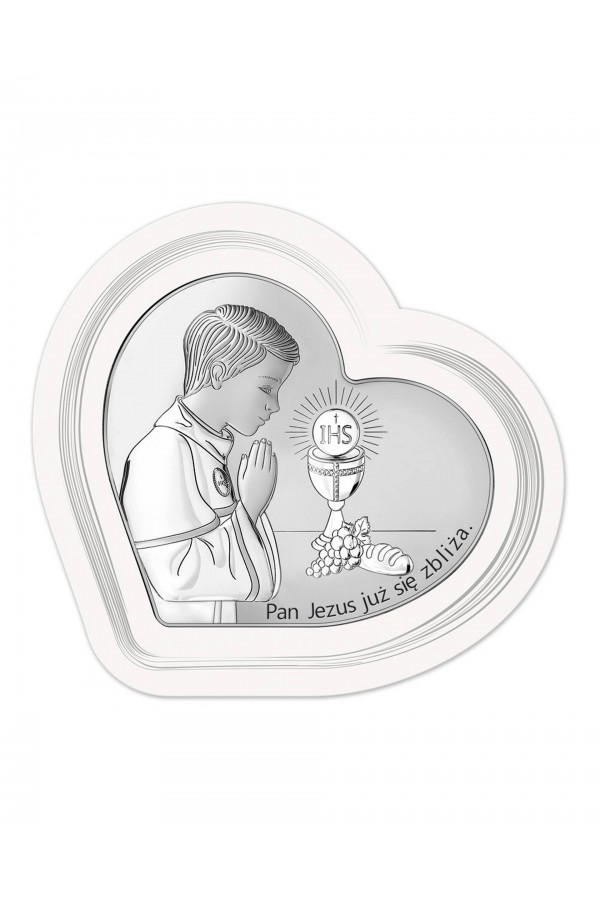 Obrazek na pamiątkę I Komunii Św. z chłopczykiem w 'sercu'