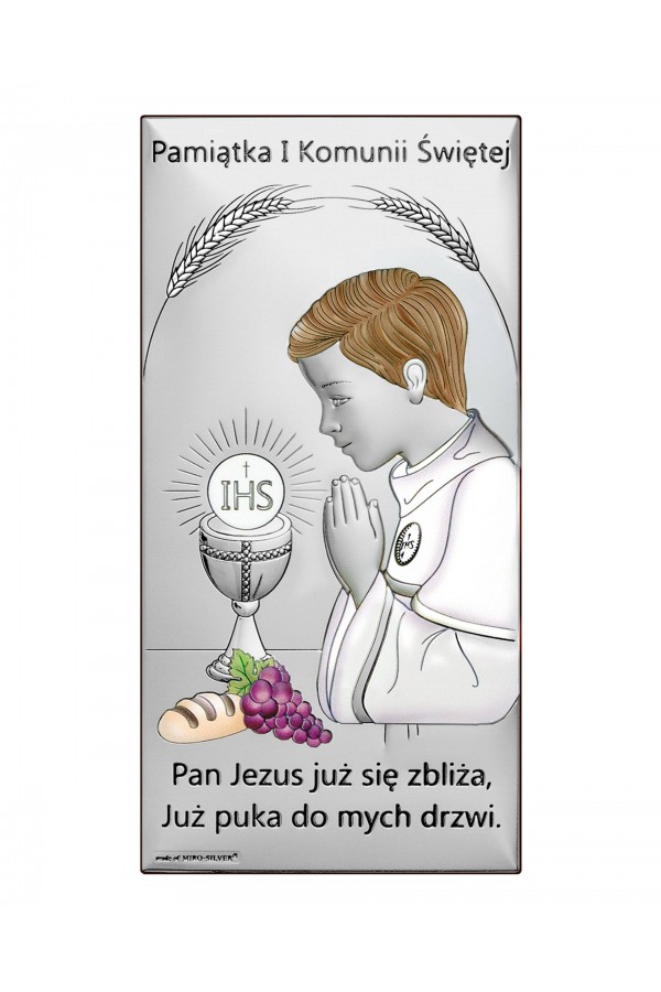 Obrazek na pamiątkę I Komunii Św. z chłopczykiem, prostokątny, kolorowy