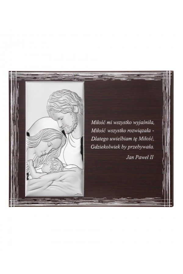 Obrazek z wizerunkiem Św. Rodziny na brązowym prostokątnym panelu