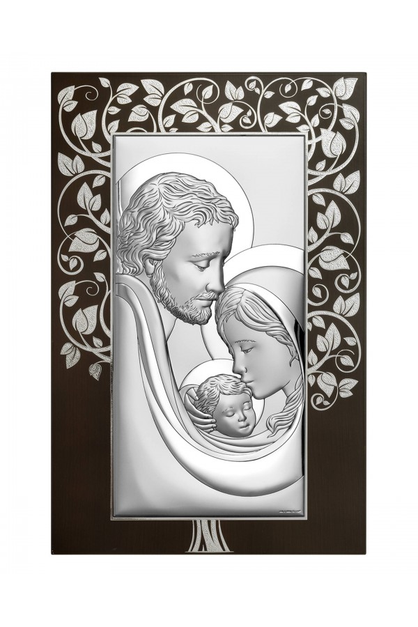 Obrazek z wizerunkiem Św. Rodziny na brązowym drewnie, z drzewem