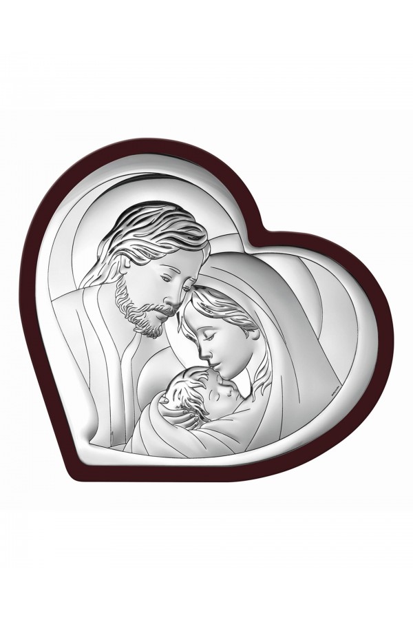 Obrazek z wizerunkiem Św. Rodziny w 'sercu' na brązowym drewnie