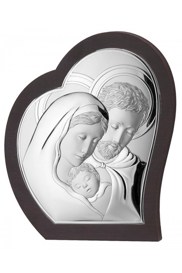 Obraz z wizerunkiem Św. Rodziny w 'sercu' na brązowym drewnie