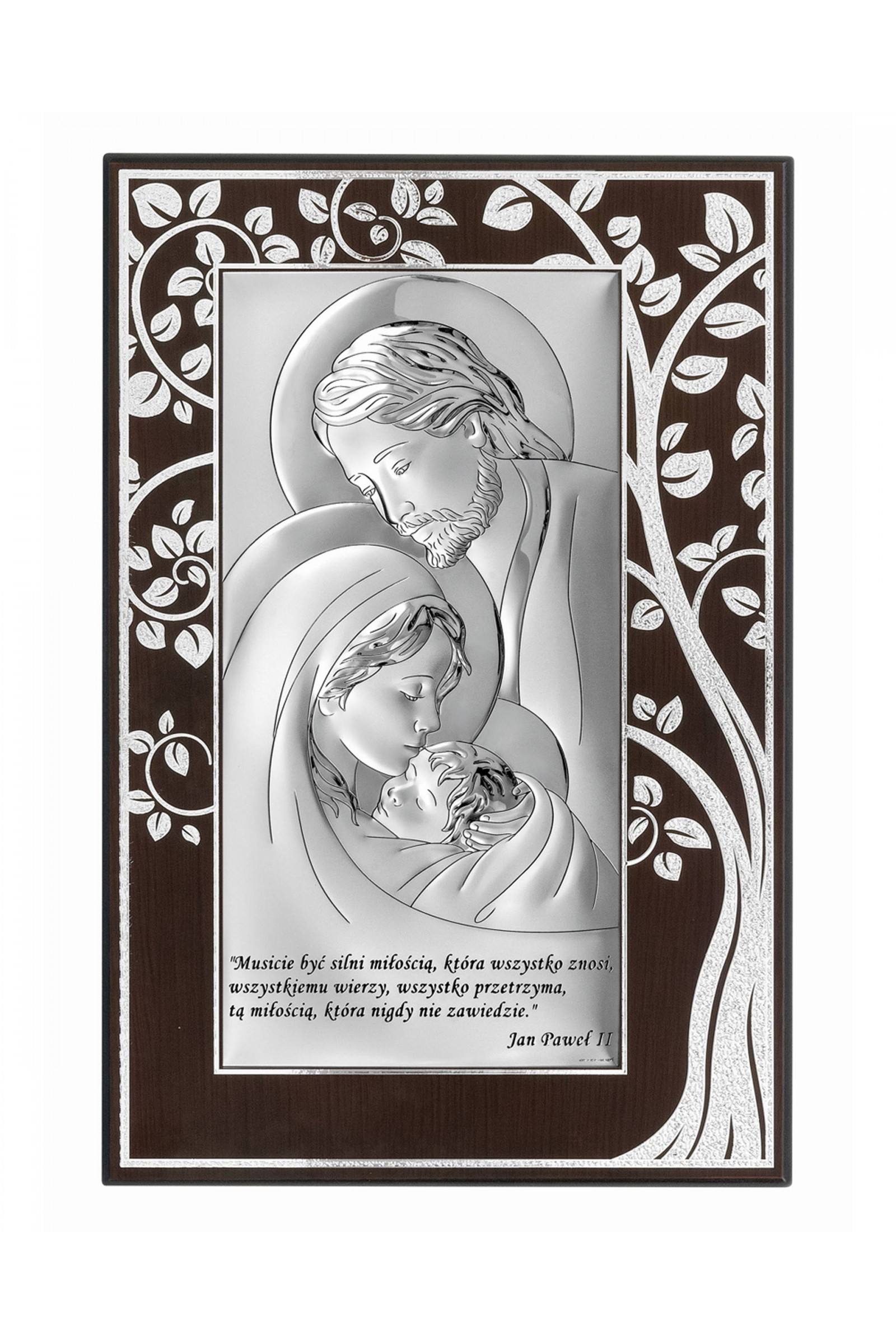 Obrazek z wizerunkiem Św. Rodziny z cytatem na brązowym drewnie - obraz 0