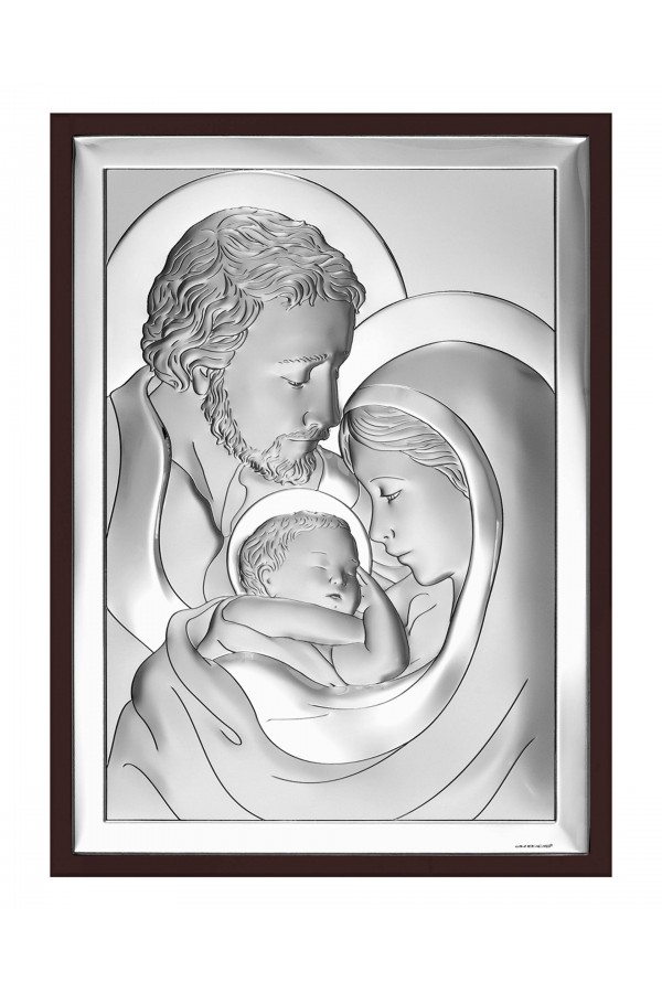 Obrazek z wizerunkiem Św. Rodziny, prostokątny na brązowym drewnie