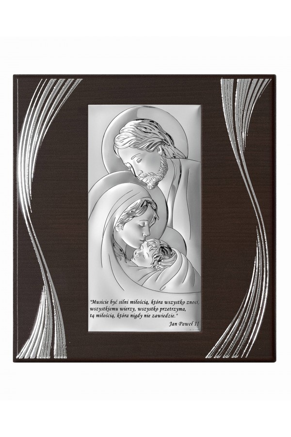 Obrazek z wizerunkiem Św. Rodziny z cytatem na brązowym panelu