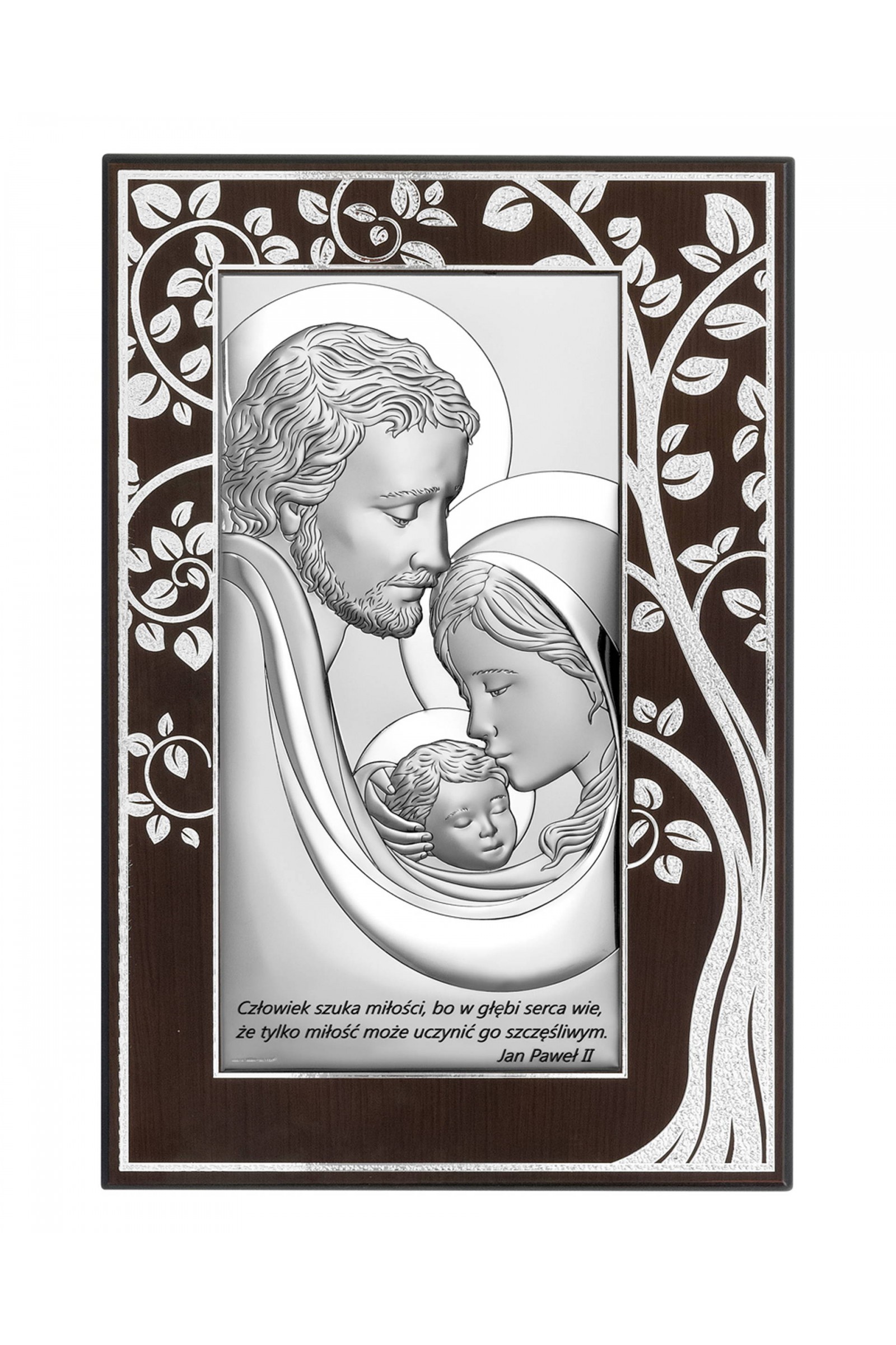 Obrazek z wizerunkiem Św. Rodziny z cytatem na brązowym drewnie - obraz 0