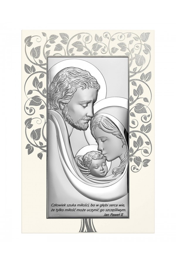 Obrazek z wizerunkiem Św. Rodziny z cytatem na białym drewnie