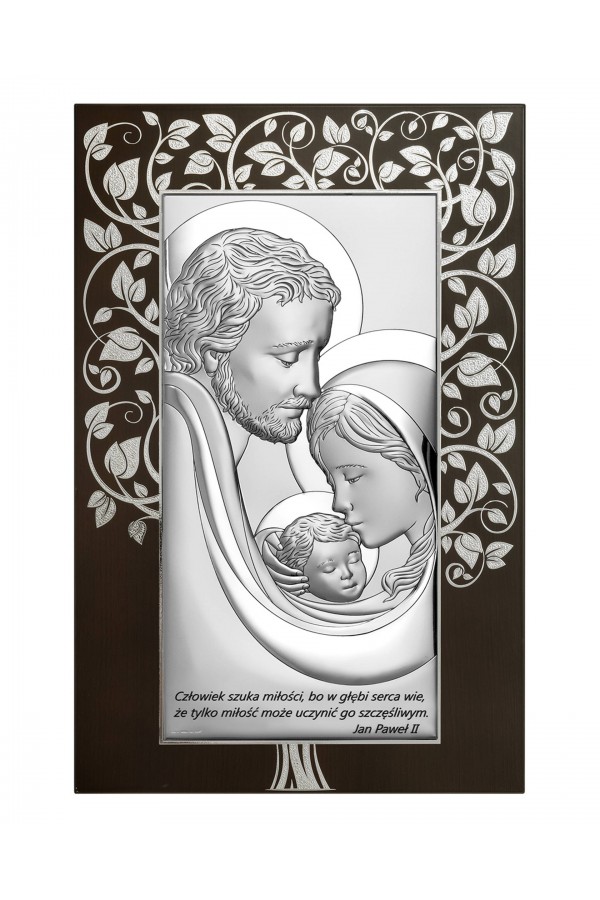 Obrazek z wizerunkiem Św. Rodziny z cytatem na brązowym drewnie